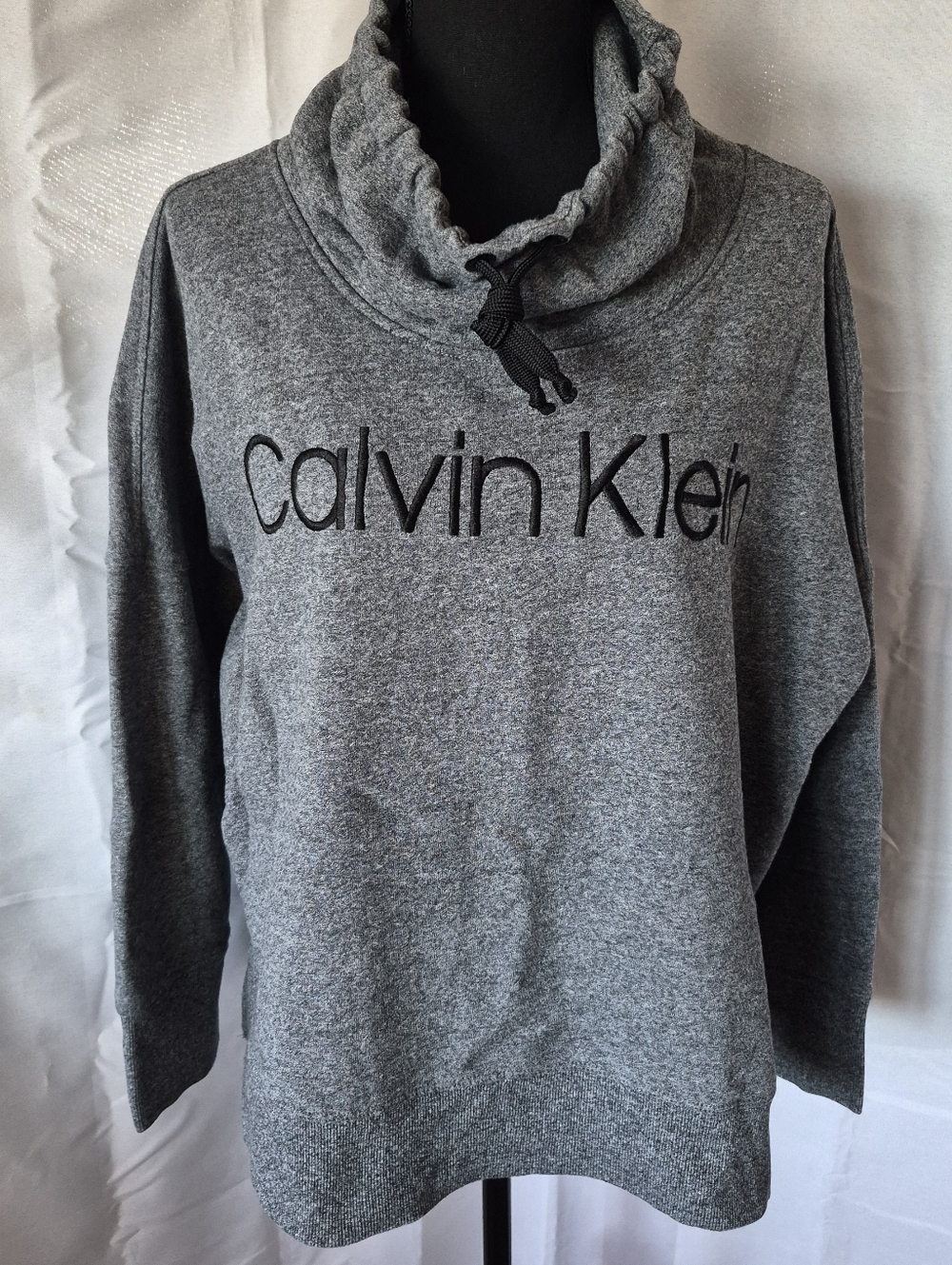 Calvin Klein Mock Neck Logo Hoodie Sweatshirt Sz XL Gray Black High Low Drwstrg
